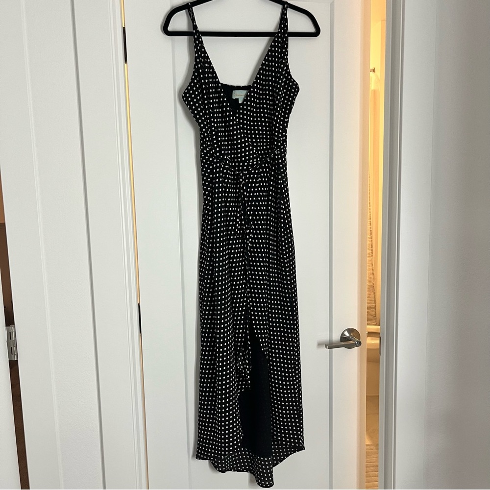 Veronica M Black & White Polka Dot Wrap Tie Maxi Dress High Low - Size S